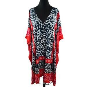 T+C Theodora & Callum Leopard Print Kaftan Red V-Neckline Boho Cover Up OSFM